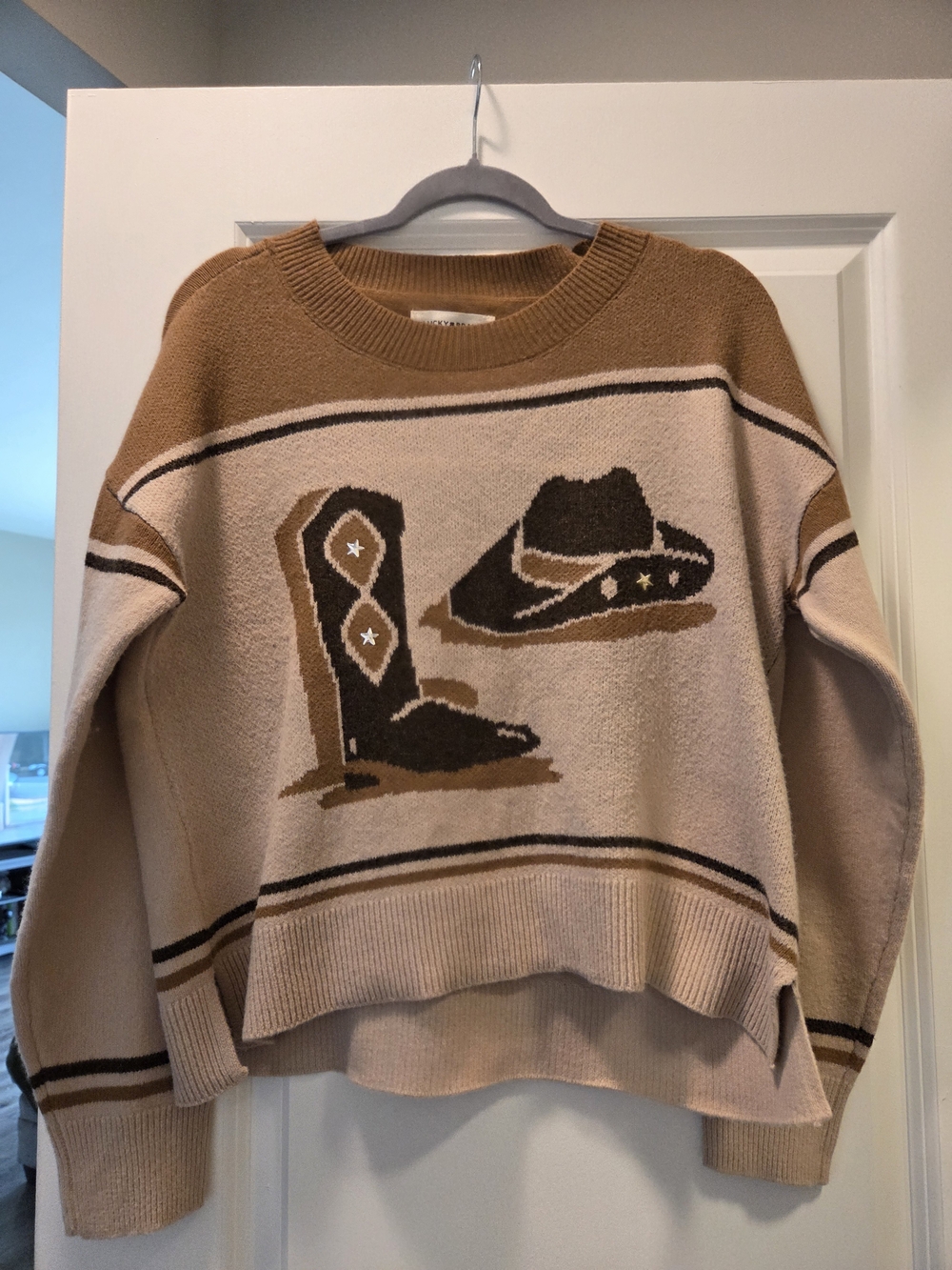 Lucky Brand Western Cowboy Boots Graphic Sweater Size M